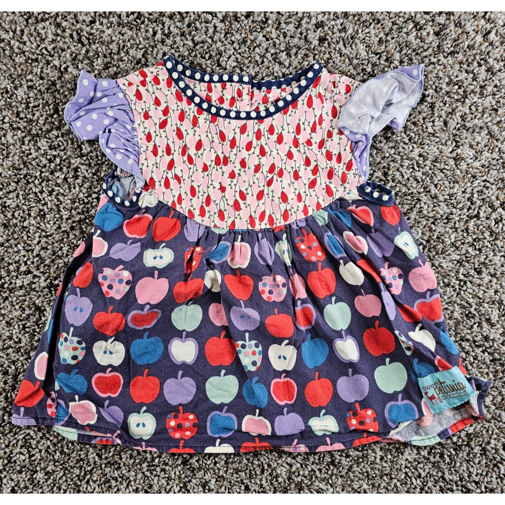 Sweet Petunia Clothing Girls Sz 4T Short Sleeve Top Apple Print School Colorful